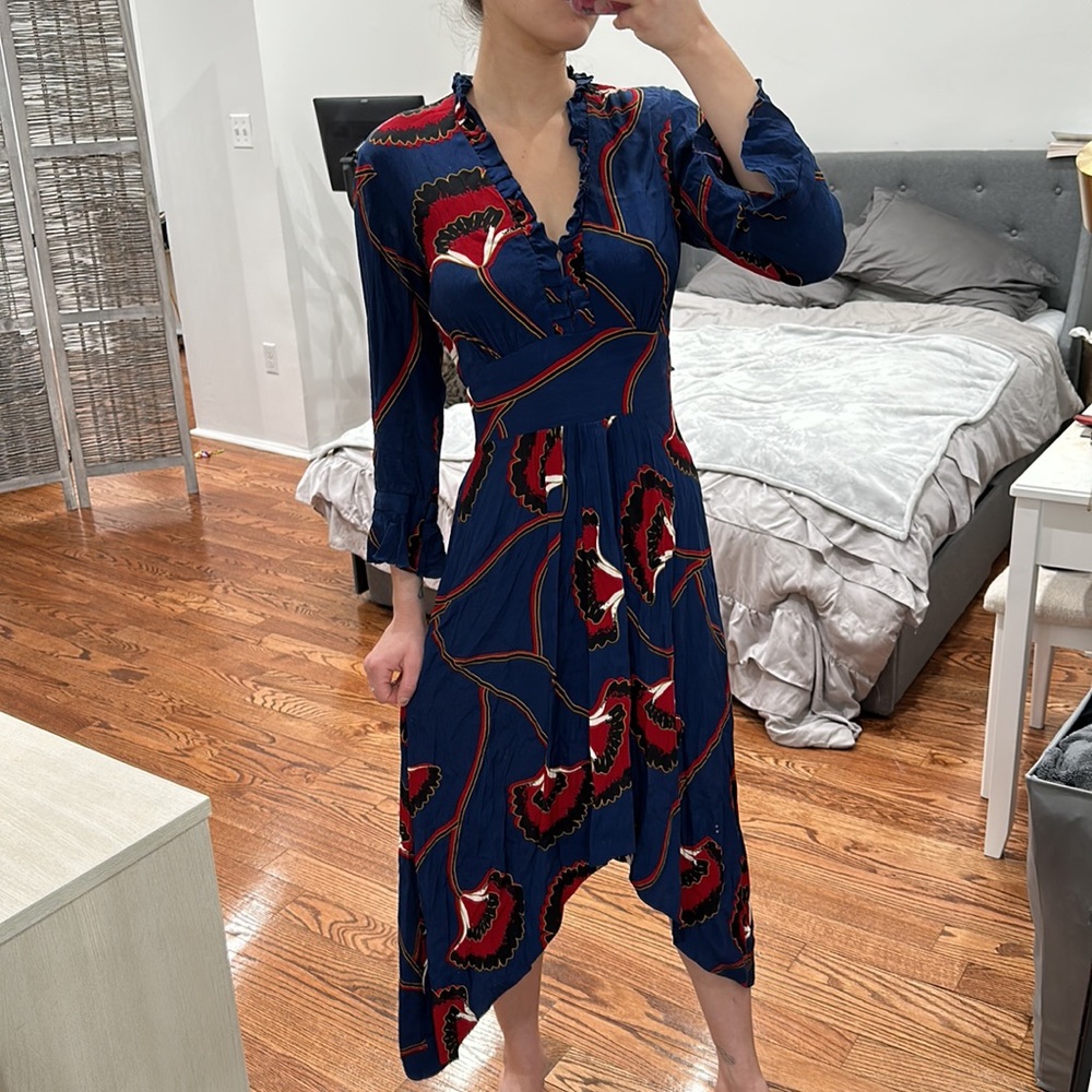 Ba&sh Lalie Blue Floral Marine Lady Dress High Low size XS/0